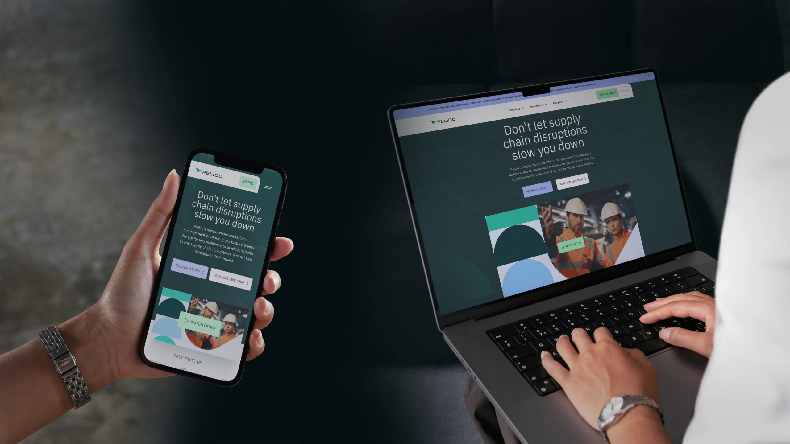 pelico-case-stA side-by-side view showcasing Pelico's responsive website design. On the left, a hand holds a smartphone displaying Pelico's homepage with the text "Don't let supply chain disruptions slow you down," along with call-to-action buttons like "Request a Demo" and "Join Next Live Tour." Below this section, a "Watch Intro" button is visible. On the right, a laptop screen shows the same homepage layout, emphasizing Pelico's seamless responsive web design. The background is dark, enhancing the focus on the devices and the website.